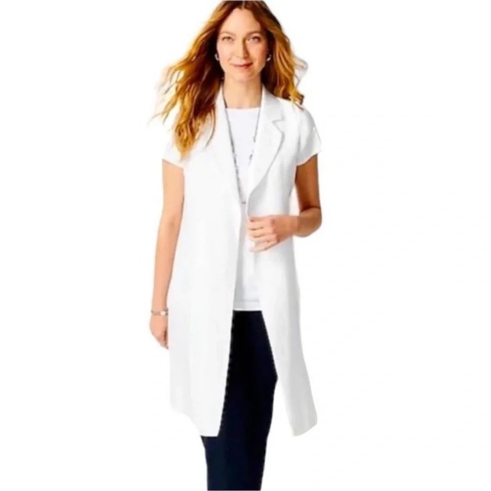 J. Jill Open Front Linen Blend Longline White Vest NWT Size XS Petite
